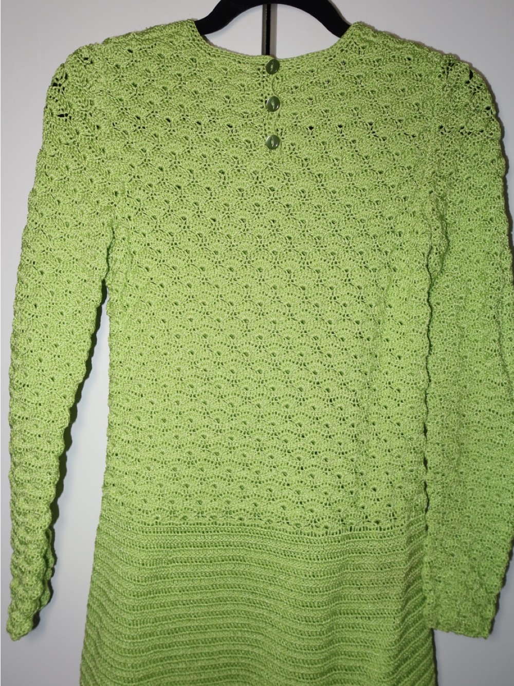 Green Crochet Knit Long Sleeve Mini Dress Boho Retro - Picture 2 of 3